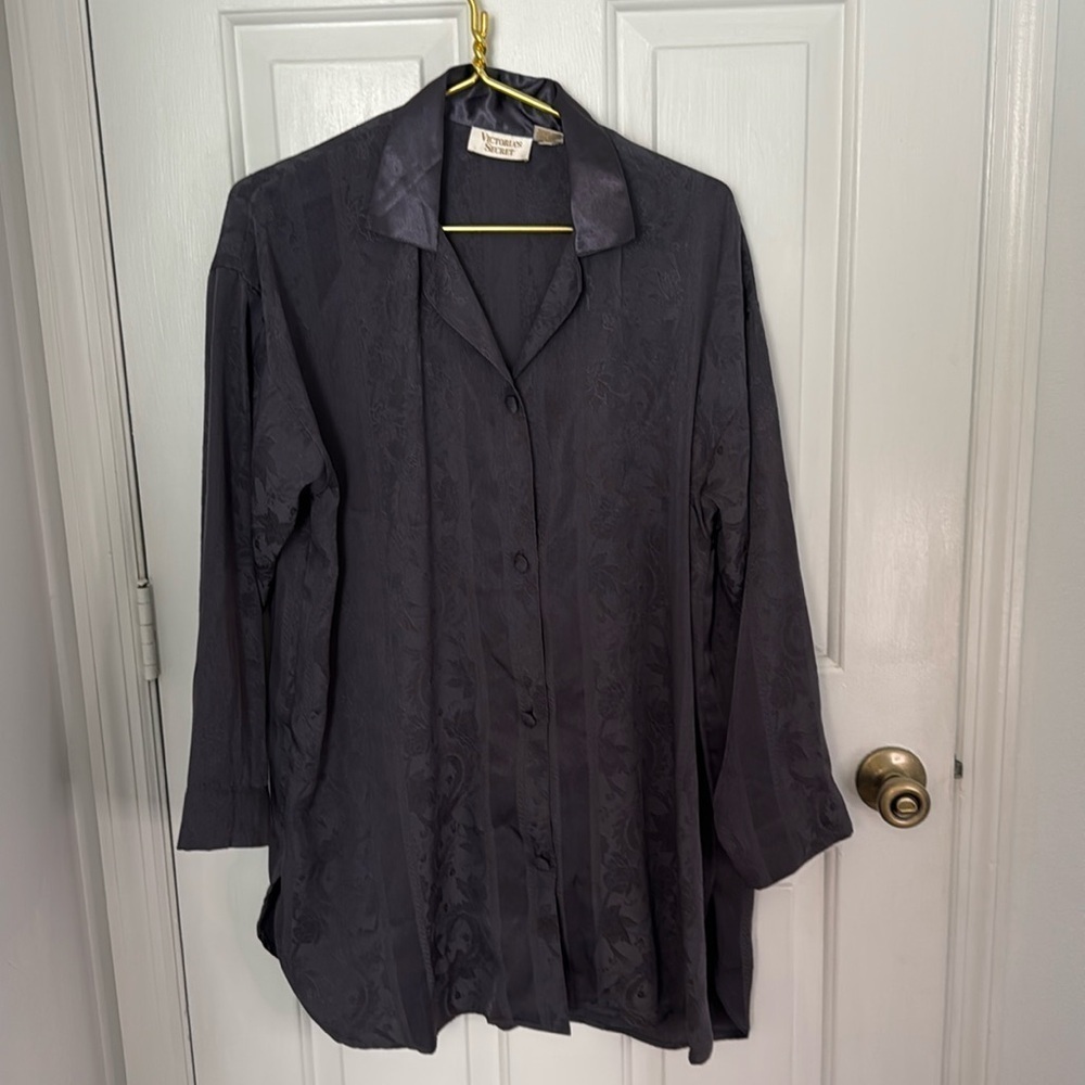 Vintage Victoria's Secret Gold Label Dark Gray Sleep Shirt with Covered Buttons